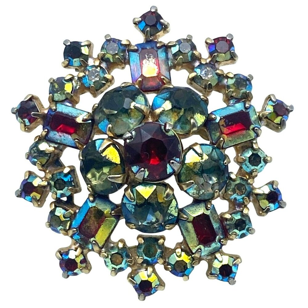 Vintage Aurora Borealis Brooch AB Red Blue Green Austrian MCM 1 3/4" GORGEOUS!
